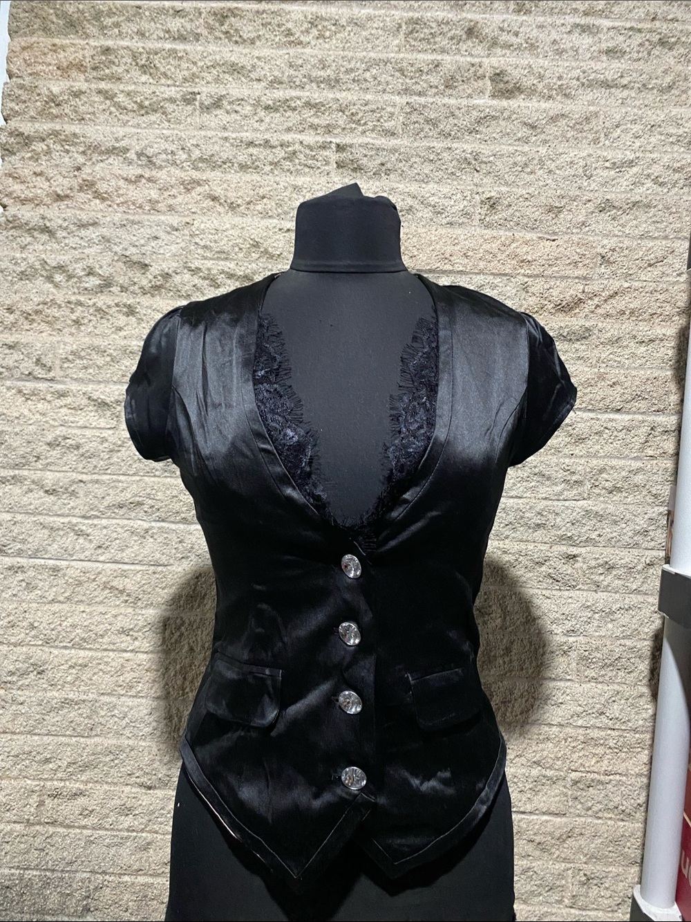 Siren Lily Black Satin Lace-Trim Short Sleeve Vest